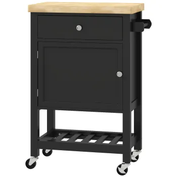 HOMCOM Servanta de bucatarie pe roti, carucior de servire, blat din lemn de hevea, sertar, 63,5 x 40 x 90 cm, negru | Aosom Romania imagine