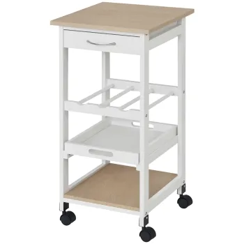 HOMCOM Serviciu de servire dulap de bucatarie cu rotile 2 rafturi, tava detasabila, sertar lemn de pin alb stejar luminos | Aosom Romania imagine