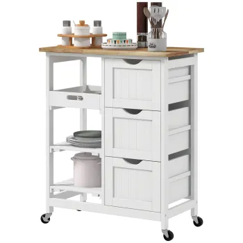 HOMCOM Servitor de bucatarie cu roti blat de lucru din lemn 3 sertare + 1 blat mobil 67 x 37 x 85,5 cm alb | Aosom Romania imagine