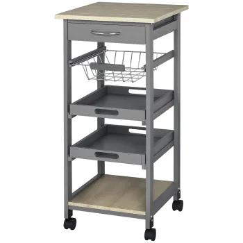 HOMCOM Servitora de bucatarie pe roti cu panier + 2 tavi detasabile, sertar, raft in lemn stejar deschis | Aosom Romania imagine