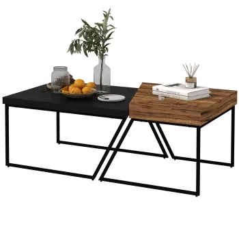 HOMCOM Set 2 Masute de Cafea din PAL si Otel in Stil Industrial, Masa Neagra 80x60x42 cm si Masa Maro 60x60x46 cm imagine