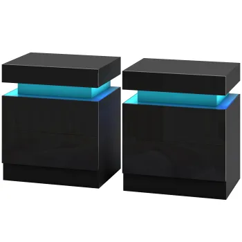 HOMCOM Set 2 Noptiere cu LED si 4 Moduri, 2 Sertare, Lemn, 45x35x52 cm, Negru Lucios | Aosom Romania imagine