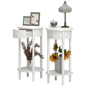 HOMCOM Set 2 Noptiere cu Sertar si Raft, Masute de Cafea din Lemn in Stil Contemporan, O35,5x71 cm, Alb | Aosom Romania imagine