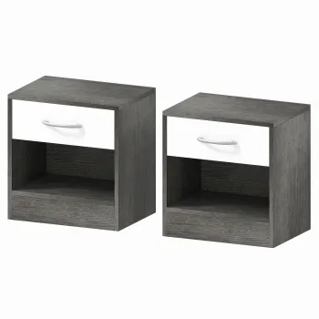 HOMCOM Set 2 Noptiere Moderne cu Raft Deschis si Sertar Alb Gri inchis | Aosom Romania imagine