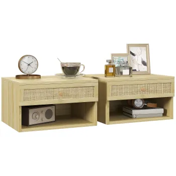 HOMCOM Set 2 Noptiere Plutitoare, Noptiere Nordice cu Sertar din Ratan si Raft Deschis pentru Dormitor, 40x34x23 cm, Efect de Lemn Natural imagine