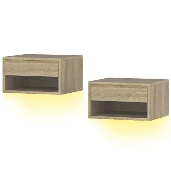 HOMCOM Set 2 Noptiere Suspendate cu LED Integrat si Reglabil prin Aplicatie, Sertar si Raft, 37x32x21 cm, Nuanta de Lemn | Aosom Romania imagine