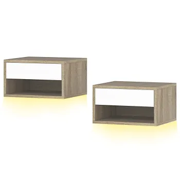 HOMCOM Set 2 Noptiere Suspendate cu LED RGB Integrat si Reglabil prin Aplicatie, 37x32x21 cm, Alb Imitatie Lemn | Aosom Romania imagine