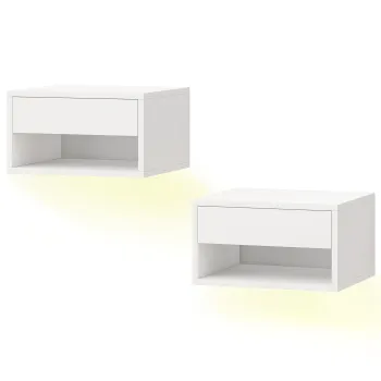 HOMCOM Set 2 Noptiere Suspendate cu LED RGB Integrat si Reglabil prin Aplicatie, Sertar si Raft, 37x32x21 cm, Alb | Aosom Romania imagine