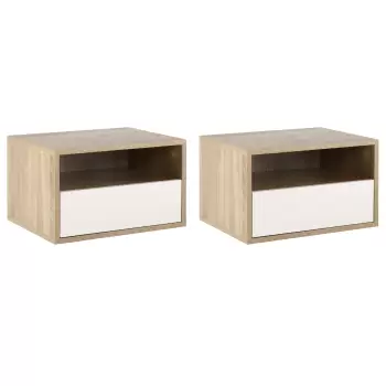 HOMCOM Set 2 Noptiere Suspendate din Lemn cu Sertar si Etajera Deschisa, Design Modern 45x35x27,5cm, Alb si Culoare Lemn imagine