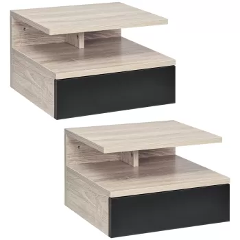 HOMCOM Set 2 Noptiere Suspendate pentru Dornitor, Noptiere Moderne cu Sertar si Raft Superior din Lemn 35x32x22.5cm, Stejar si Negru imagine