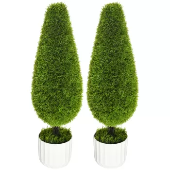 HOMCOM Set 2 Plante Artificiale cu Ghiveci de O12x16 cm, Muschi si Ciment, Plante Artificiale de 90 cm din PE si Plastic, Verde si Alb | Aosom RO imagine