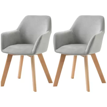 HOMCOM Set 2 Scaune de Sufragerie cu Picioare din Lemn, Scaune de Bucatarie Capitonate cu Cotiere din Tesatura Catifelata, 54x57x80cm, Gri imagine