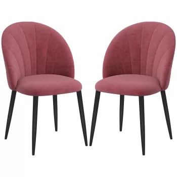 HOMCOM Set 2 Scaune de Sufragerie din Catifea, Scaune Capitonate pentru Salon si Sufragerie cu Picioare din Metal, Rosu imagine