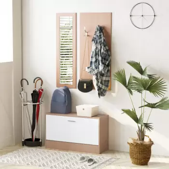 Homcom Set 3 Piese Dulap Pantofi cu Cuier si Oglinda pentru Hol in Lemn, 80x27x46.5cm imagine