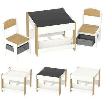 HOMCOM Set 3 piese masa si 2 scaune pentru copii cu blat reversibil, tabla neagra, cos de depozitare, rafturi | Aosom Romania imagine