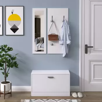 HOMCOM Set 3 Piese Suport pantofi Suport haine Oglinda pentru Hol sau Dormitor, din Lemn, 80x27x46,5cm, Alb imagine