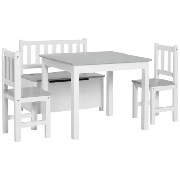 HOMCOM Set 4 Piese cu Masuta pentru Copii, 2 Scaune si Banca pentru Depozitare, Mobilier Camera din Lemn Multifunctional, Alb si Gri imagine