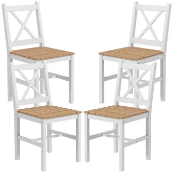HOMCOM Set 4 Scaune pentru Bucatarie si Living cu Spatar Transversal, Scaune Clasice din Lemn de Pin, 41x46.5x86 cm, Alb imagine