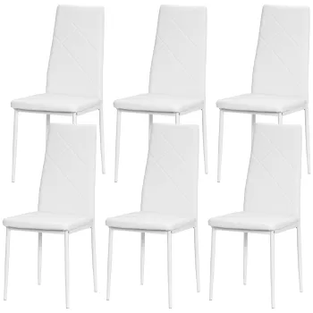 HOMCOM Set 6 Scaune de Sufragerie Tapitate cu Spatar Inalt, Talpi Antiderapante si Picioare din Otel, 41x50x97 cm, Alb | Aosom Romania imagine