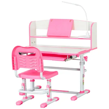HOMCOM Set Banca si Scaun pentru Copii 6-12 Ani, Reglabile pe Inaltime cu Blat Inclinabil la 45?, 80x54,5x82-104 cm, Roz | Aosom Romania imagine