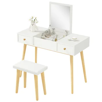 HOMCOM Set coafatoare cu taburet mirror rabatabil stil scandinav 2 sertare 100 x 45 x 118 cm, alb | Aosom Romania imagine
