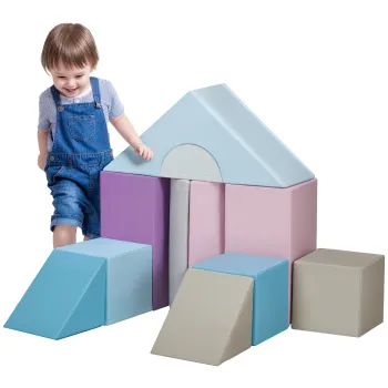 HOMCOM Set de 11 piese de blocuri moi, blocuri de spuma pentru a sari si a se catara, pentru copii, 1-3 ani, cu husa de piele artificiala, Multicolor | Aosom Romania imagine