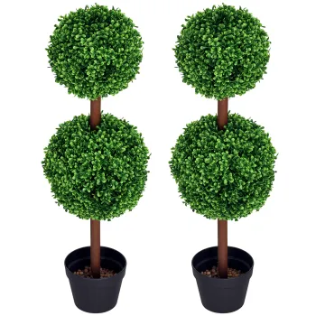 HOMCOM Set de 2 arbori buxus artificial cu dubla mingi cu trunchi si ghiveci inclus - inaltime 90 cm verde | Aosom Romania imagine
