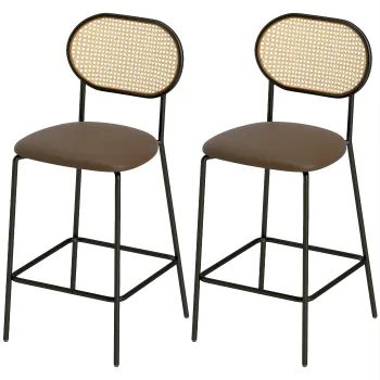 HOMCOM Set de 2 Inalte de Bucatarie cu Spatar din Rachita Scaun din PU Cadru din Otel si Suport pentru Picioare Maro | Aosom Romania imagine