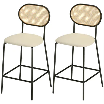 HOMCOM Set de 2 Inalte de Bucatarie cu Spatar din Ratan Scaun din PU Cadru din Otel si Suport de Picior Bej | Aosom Romania imagine