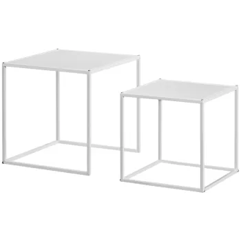 HOMCOM Set de 2 masute de cafea patrate stivuibile, masute laterale si de living din otel, alb | AOSOM RO imagine