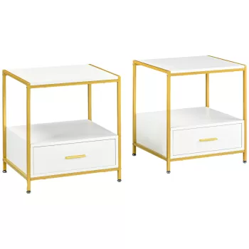 HOMCOM Set de 2 Masute Noptiere Moderne, Noptiere cu Sertar si Raft, Organizatoare de Depozitare, Alb si Auriu imagine