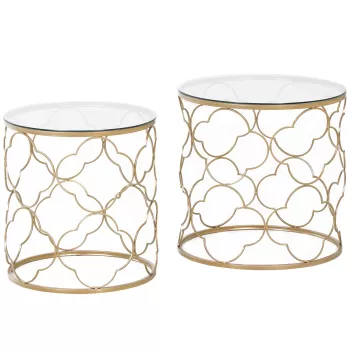 HOMCOM Set de 2 Masute pentru Salon care se pot Stivui Art Deco, Masute de Cafea din Metal cu Blat din Sticla Securizata, Auriu imagine