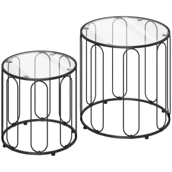 HOMCOM Set de 2 mese auxiliare tip nido cu structura metalica si blat din cristal O50x50 cm si O40x40 cm negru | Aosom Romania imagine