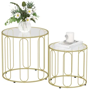 HOMCOM Set de 2 mese de cafea gigogne rotunde moderne cu cadru din metal si blat din sticla securizata, ton auriu | Aosom Romania imagine