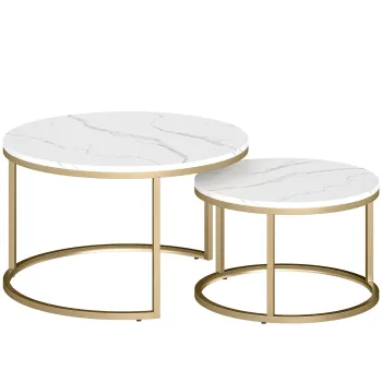 HOMCOM Set de 2 mese de cafea gigogne stivuabile design industrial blat cu aspect ciment picioare din metal alb | Aosom Romania imagine