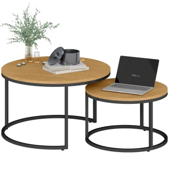 HOMCOM Set de 2 mese de cafea gigogne suprapozabil design industrial blat de ciment picioare din metal maro | Aosom Romania imagine