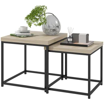 HOMCOM Set de 2 mese de cafea mese laterale patrate mese de sufragerie cadru din otel si blaturi din panouri de particule | Aosom Romania imagine