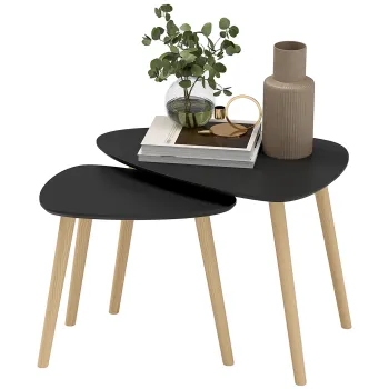 HOMCOM Set de 2 mese de cafea nestemate design scandinav picioare din lemn si blat din lemn, negru | Aosom Romania imagine