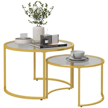 HOMCOM Set de 2 mese de cafea nesting rotunde blat sticla securizata si picior din otel carbon aur | Aosom Romania imagine
