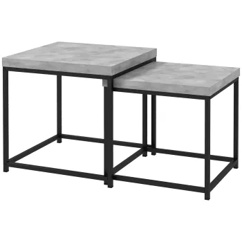 HOMCOM Set de 2 mese gigogne masute patrate de salon cadru din otel si blaturi din lemn gri | Aosom Romania imagine