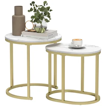 HOMCOM Set de 2 mese laterale mese d'appoint gigogne incorporabile structura din otel si blat din lemn cu aspect de marmura aur | Aosom Romania imagine