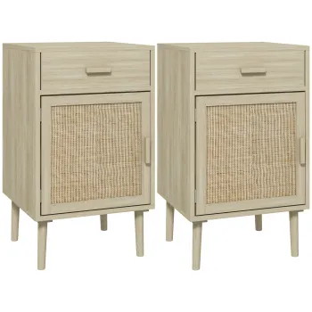 HOMCOM Set de 2 Mese Noptiera, Mese Laterale din Ratan cu Sertar imagine