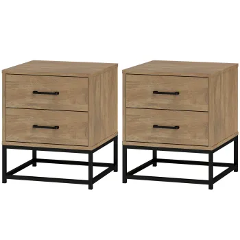 HOMCOM Set de 2 Noptiere cu 2 Sertare din Lemn si Otel, 40x39.5x48 cm, Lemn Natural | Aosom Romania imagine