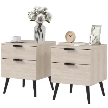 HOMCOM Set de 2 Noptiere cu 2 Sertare pentru Dormitor sau Camera de Zi, 40x40x50 cm, Lemn Natural | Aosom Romania imagine