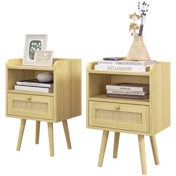 HOMCOM Set de 2 noptiere cu sertar efect rachita si spatiu deschis, 40 x 30 x 60 cm, efect lemn natural | Aosom Romania imagine