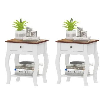 HOMCOM Set de 2 Noptiere cu Sertar Raft Deschis si Blat cu Efect de Stejar Stil Francez 45x35x55 cm Alb si Stejar | Aosom Romania imagine