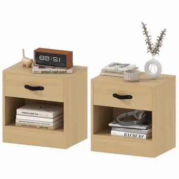 HOMCOM Set de 2 Noptiere cu Sertar si Compartiment Deschis pentru Sufragerie 39x28x41 cm Natural | Aosom Romania imagine