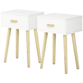 HOMCOM Set de 2 Noptiere cu Sertar si Picioare de Lemn pentru Dormitor Sufragerie Pat Birou 40,5x30,5x60 cm Alb | Aosom Romania imagine