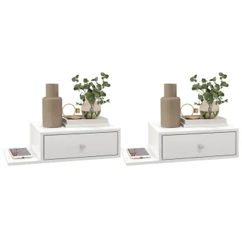 HOMCOM Set de 2 noptiere de perete - set de 2 noptiere - raft lateral si sertar - 55l x 30P x 15H cm MDF alb | Aosom Romania imagine