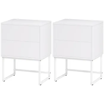 HOMCOM Set de 2 Noptiere Inguste cu 2 Sertare Deschidere la Presiune si Picioare din Otel 40x30x55 cm Alb | Aosom Romania imagine